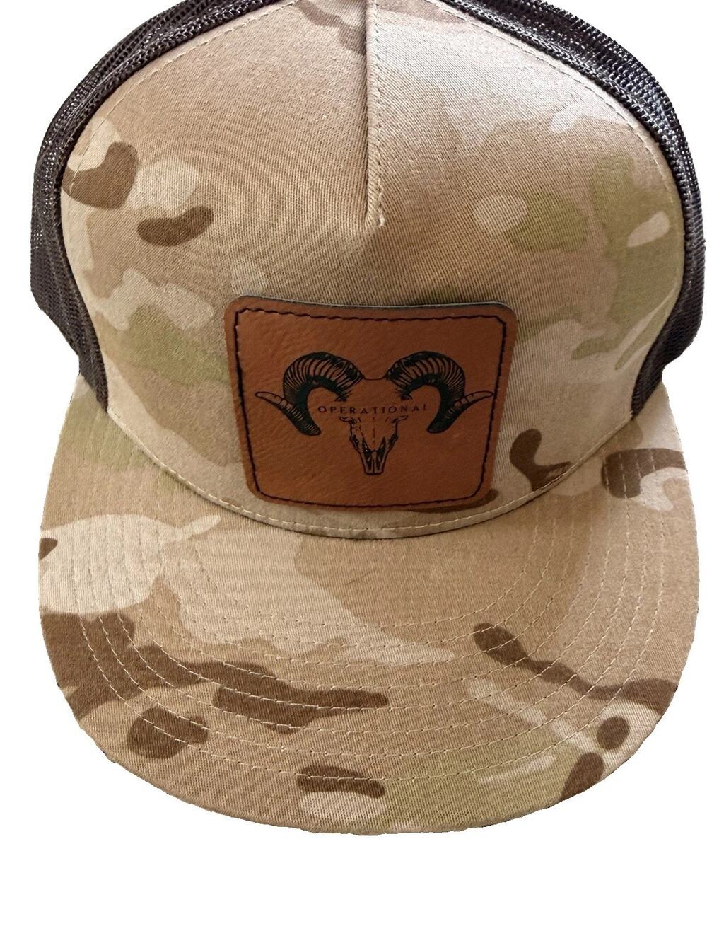 Yupoong The Classics Camo Operational Ram Skull Leather Patch Trucker Hat Cap